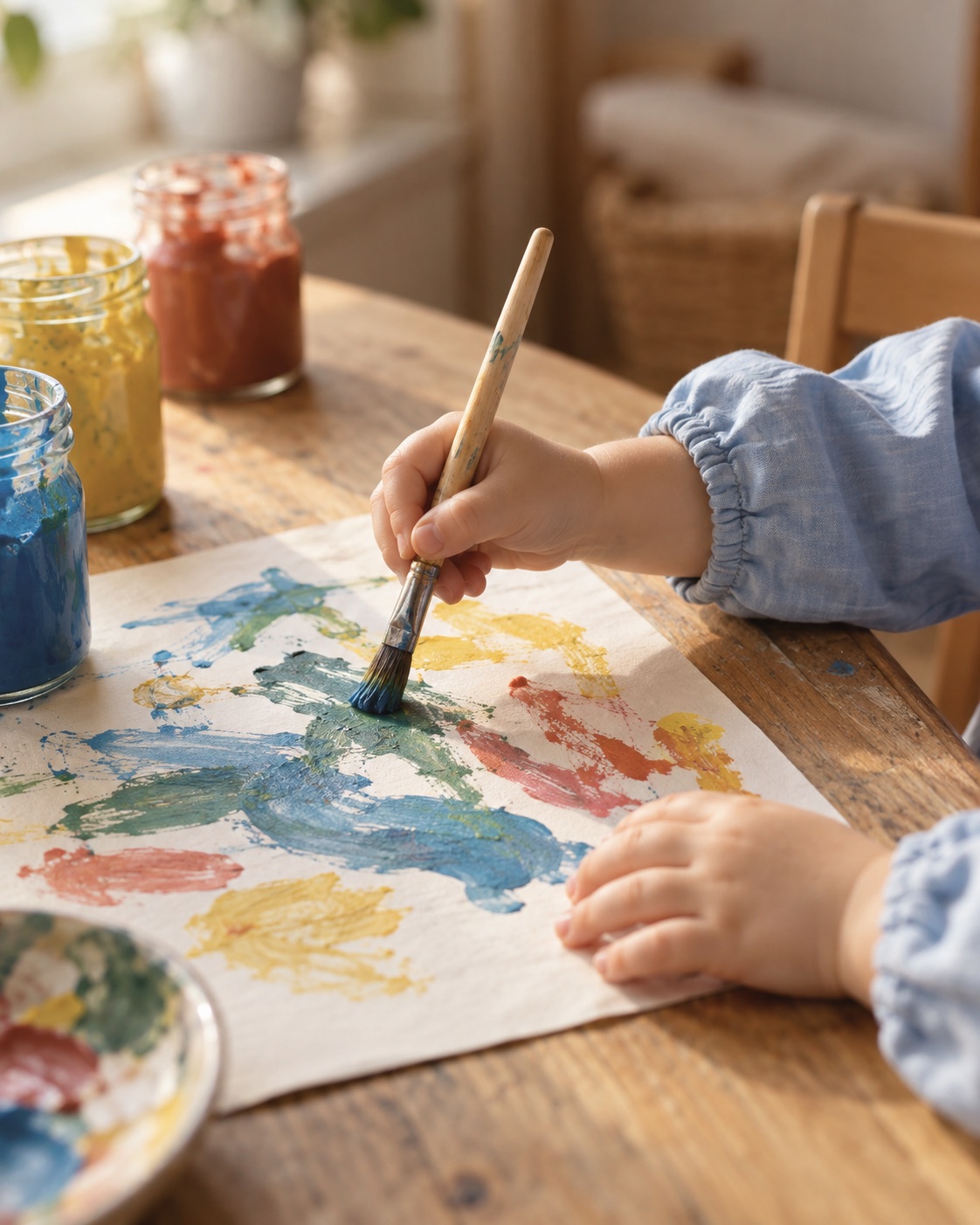 A little artist painting with colourful paints at a nursery table